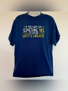 Gildan Blue Short Sleeve Tee with Funny White and Yellow Text Graphic | Size XL